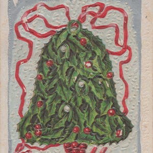 Ano Novo: Cartão postal antigo de Ano Novo – "Um Ano Novo Muito Feliz" Sino de Azevinho em Relevo, Fita Vermelha, Neve de Inverno, Carimbado em 1912