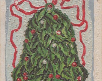 Antique New Year Postcard: Embossed Holly Bell, 1912