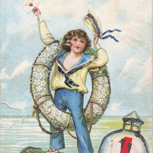 Capodanno: Antica cartolina di Capodanno - Affascinante marinaio con salvagente - 1908