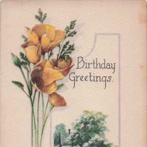 Geburtstag: Antike geprägte Geburtstagsgrüße Postkarte | Gelbe Blumen & Cottage-Szene | Jahrhundertwende | Serien Nr. 9166/6