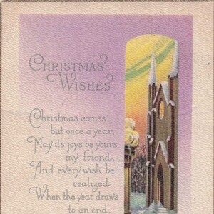 Carte Postale de Noël Ancienne des Années 1910 – Scène d'Église Hivernale et Houx en Relief