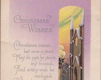 1910年代 アンティーク クリスマスポストカード – 教会と柊のエンボス加工
