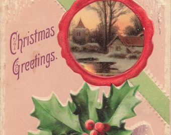 Carte postale de Noël ancienne : houx gaufré de 1910, scène d'hiver