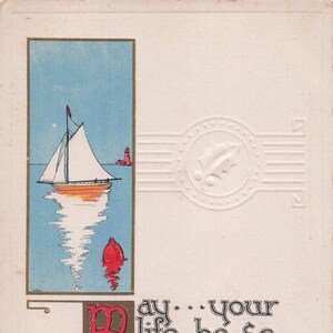 Carte postale antique du Nouvel An – Scène nautique paisible avec voilier (1910s)