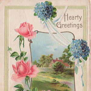 Carte Postale Ancienne "Hearty Greetings" – Roses Roses & Hortensias Bleus – Vers 1910