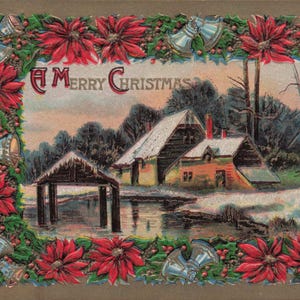 Natale: Antica cartolina di Natale in rilievo – "Un Buon Natale" – Stelle di Natale e scena di baita invernale – Primi anni del 1900