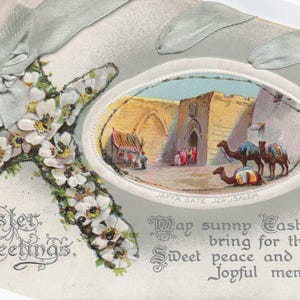 Carte Postale Ancienne de Pâques – Croix florale et scène du Jaffa Gate à Jérusalem