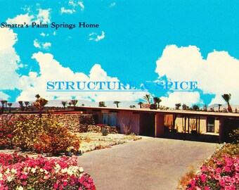 Californie : Carte postale vintage de la bibliothèque numérique de la belle maison de Frank Sinatra à Palm Springs en Californie. Cette image de carte postale vers 1950.