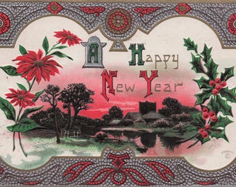 Antieke nieuwjaarskaart uit 1912: ontwerp met hulst en kerstster in reliëf