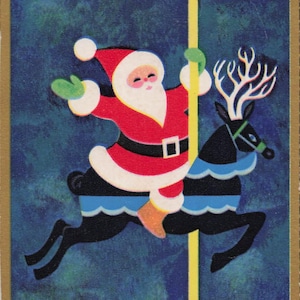 Carte Postale Vintage de Noël des Années 50 | Père Noël sur Carrousel avec Renne | Joyeuses Fêtes Festives