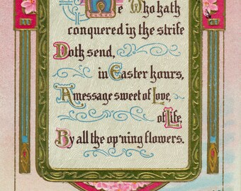 Antique Edwardian Era "Easter Greetings" Easter Postcard With Beautiful Gothic Font Framed in Pink Flowers and Gold Accents Circa 1911
