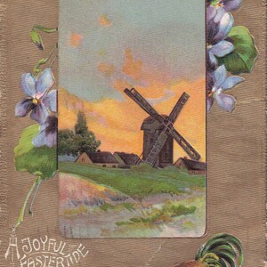 Antike Postkarte "A Joyful Eastertide" mit Windmühle & Küken – Nostalgischer Osterzauber