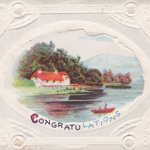 Best Wishes: Vintage Postkarte mit Prägung ""Congratulations"" - Malerischer Blick auf den See."