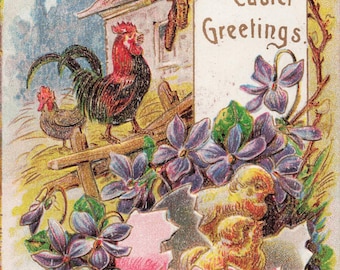 Antique Easter Greetings Postcard – Chicks, Rooster & Spring Farm Scene Embossed Easter Card