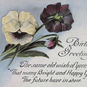 Geburtstag: Antike 1917 Geburtstagspostkarte mit Stiefmütterchen – “The Same Old Wish of Yore” Blumengruß