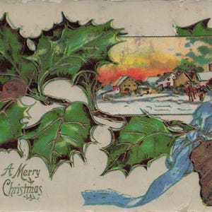 Carte Postale de Noël 1909 avec Houx, Village Hivernal et Cloche