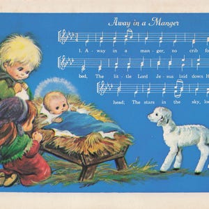 Carte postale vintage "Away in a Manger" | Scène de la Nativité illustrée avec partition | Carte de Noël sentimentale
