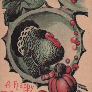 Ação de Graças: "Postal antigo de Ação de Graças - Peru rústico e frutas da colheita - Saudações de Natal vintage (década de 1910)"