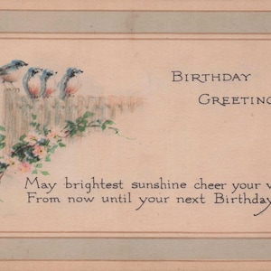 Anniversaire : carte postale vintage de voeux d'anniversaire - Oeuvre d'art ravissante oiseaux et fleurs