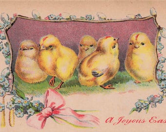 Antique "A Joyous Easter" Postcard | Five Fluffy Chicks & Forget-Me-Not Garland