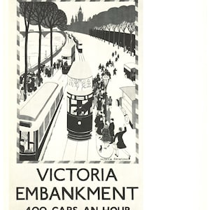 May include: A black and white illustration of a busy street scene in London, England. The image shows a line of trams, people walking, and buildings in the background. The text "LONDON'S TRAMWAYS" is at the top of the image, and the text "VICTORIA EMBANKMENT 400 CARS AN HOUR AT HIGH TIDE" is at the bottom of the image.