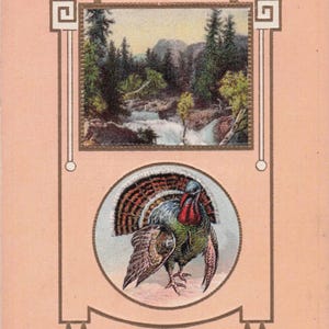 Carte postale ancienne de Thanksgiving de 1908 – Dinde en relief et paysage de rivière – Œuvre d'art vintage vibrante