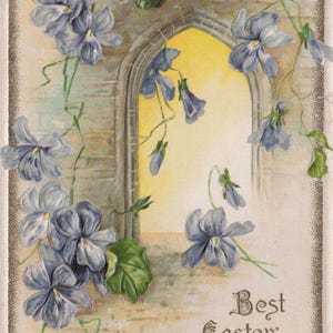 Ostern: 1910 Antike Osterpostkarte – “Best Easter Wishes” mit Veilchen und gotischem Fenster – Geprägte Blumenkunst, Poststempel Minneapolis