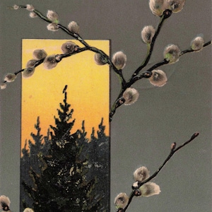 Carte Postale de Pâques Vintage - Chatons de Saule et Scène de Coucher de Soleil (1909)