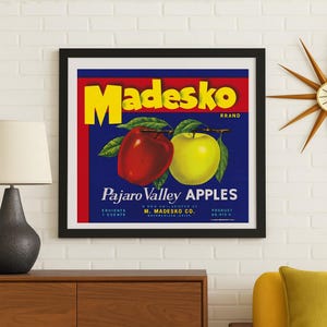 California: Antique Apple Fruit Crate Label Madesko Brand Pajaro Valley Apples M. Madesko Company Watsonville California Circa 1950.