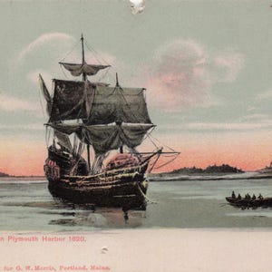 Massachusetts: Cartão postal antigo do Mayflower - Porto de Plymouth 1620, navio histórico vintage efêmera