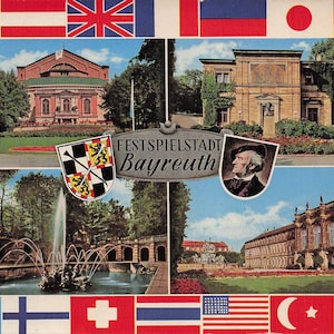 World: Vintage Postkarte Festspielstadt Bayreuth mit Multi-Flaggen - Seltenes Sammlerstück!
