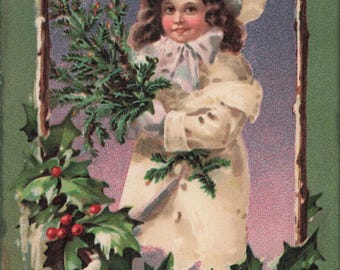 Antique 1914 Postcard – Victorian Girl, Holly, Winter Greens – Vintage Christmas Greeting Card