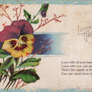 Carte Postale Ancienne "Loving Greetings" – Pansées Vintage avec Message Émouvant (c.1910s)
