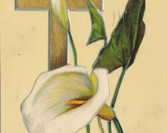 Pasen: Cherished 1909 Tuck & Sons Paaskaart - Calla Lelie in reliëf met kruismotief