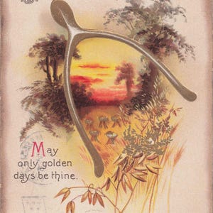 Thanksgiving: antieke Thanksgiving-briefkaart - Hartelijke groeten met scène met gouden vorkbeen - reliëf vintage jaren 1910