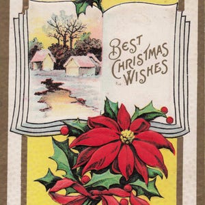 Tarjeta Postal Antigua de Navidad – "Mejores Deseos de Navidad"  Poinsettia y Paisaje Invernal en Relieve, 1910