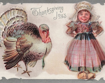 Carte postale antique de Thanksgiving : illustration de dinde des années 1910 et de jeune fille