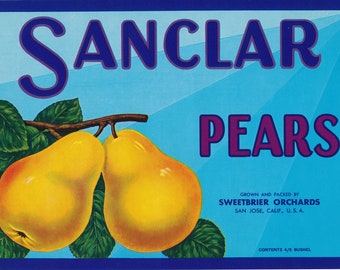 Étiquette de caisse de poires Sanclar vintage : Fruits de Californie, 1920