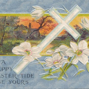 Pasqua: antica cartolina di Pasqua del 1908. Splendida croce bianca e gigli su sfondo argento e un cottage di campagna.
