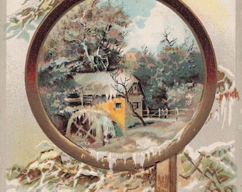 Antique Inspirational Postcard – “Health Happiness Prosperity” Winter Scene Greeting Card