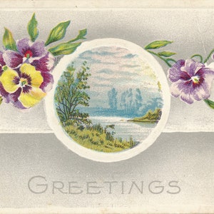 Herzliche Grüße: Charmante antike "1912 ""Birthday Greetings"" Postkarte mit Blumenmotiv und pastoralem Motiv - Vintage Ephemera für Sammler."