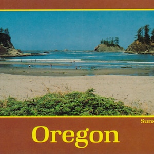 Oregon : carte postale vintage de Sunset Bay sur la côte de l'Oregon. Cette carte postale de la côte de l'Oregon date des années 1970.