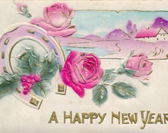 New Year: Antique Embossed New Year's Postcard with Rose and Holly Motif - Circa Early 1900s