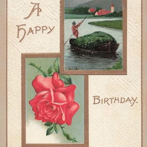 Carte Postale Ancienne "A Happy Birthday" avec Rose et Scène de Bateau - Début des Années 1900