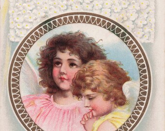 Antique Embossed “Happy Eastertide” Postcard – Angel Children & Floral Cross Vintage Easter Greeting