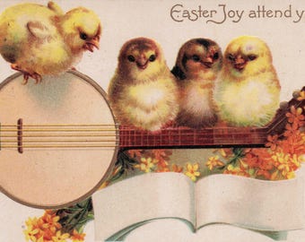 Antique Easter Postcard – Singing Chicks on Banjo | "Easter Joy Attend You"