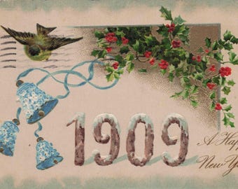 Antique 1909 “A Happy New Year” Postcard – Embossed Blue Bells, Holly Berries & Flying Swallow