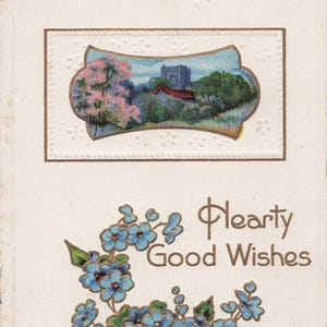 Charmante Carte Postale Ancienne Embossée – "Hearty Good Wishes" avec Myosotis & Paysage Campagnard – Début des Années 1900