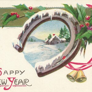 Ano Novo: 1911 'Feliz Ano Novo' Cartão postal vintage com ferradura e azevinho - Cartão de felicitações de Natal antigo
