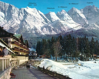 Wereld: Vintage Garmisch-Partenkirchen-ansichtkaart met uitzicht op de Zugspitze-berg - Collectible jaren 1960 Duitse Alpen-ansichtkaart, ideaal voor verzamelaars